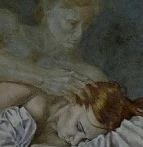 Laura den Hertog "Morfeusz karjaiban" című olajfestménye